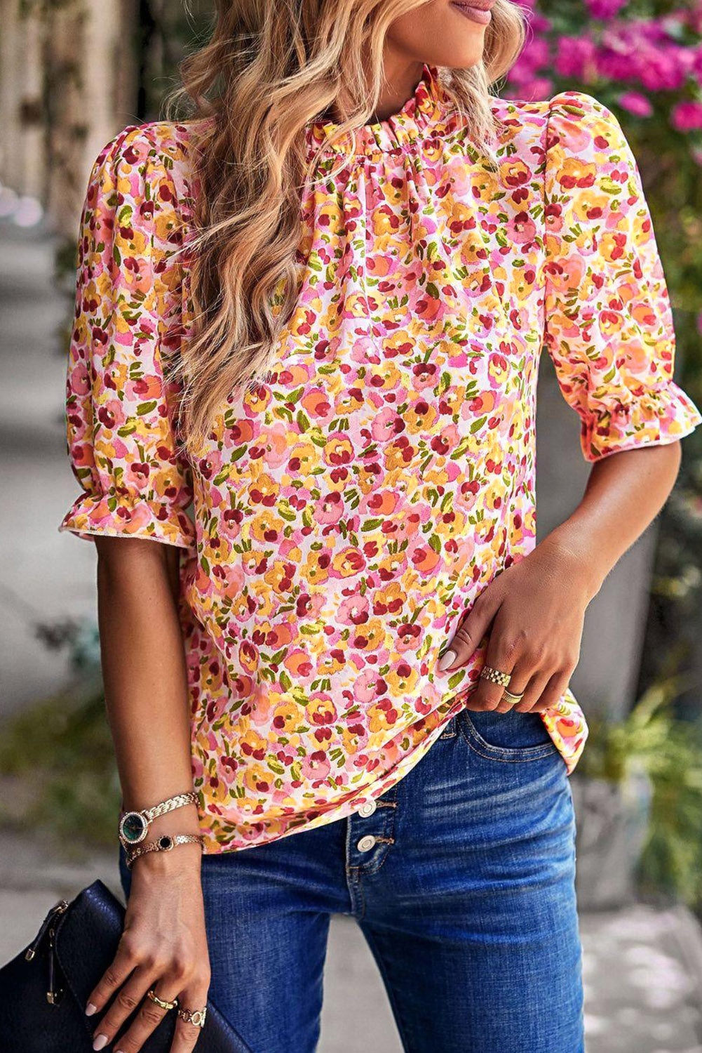Oranje Boho bloemen ruches korte mouw franje mock hals blouse