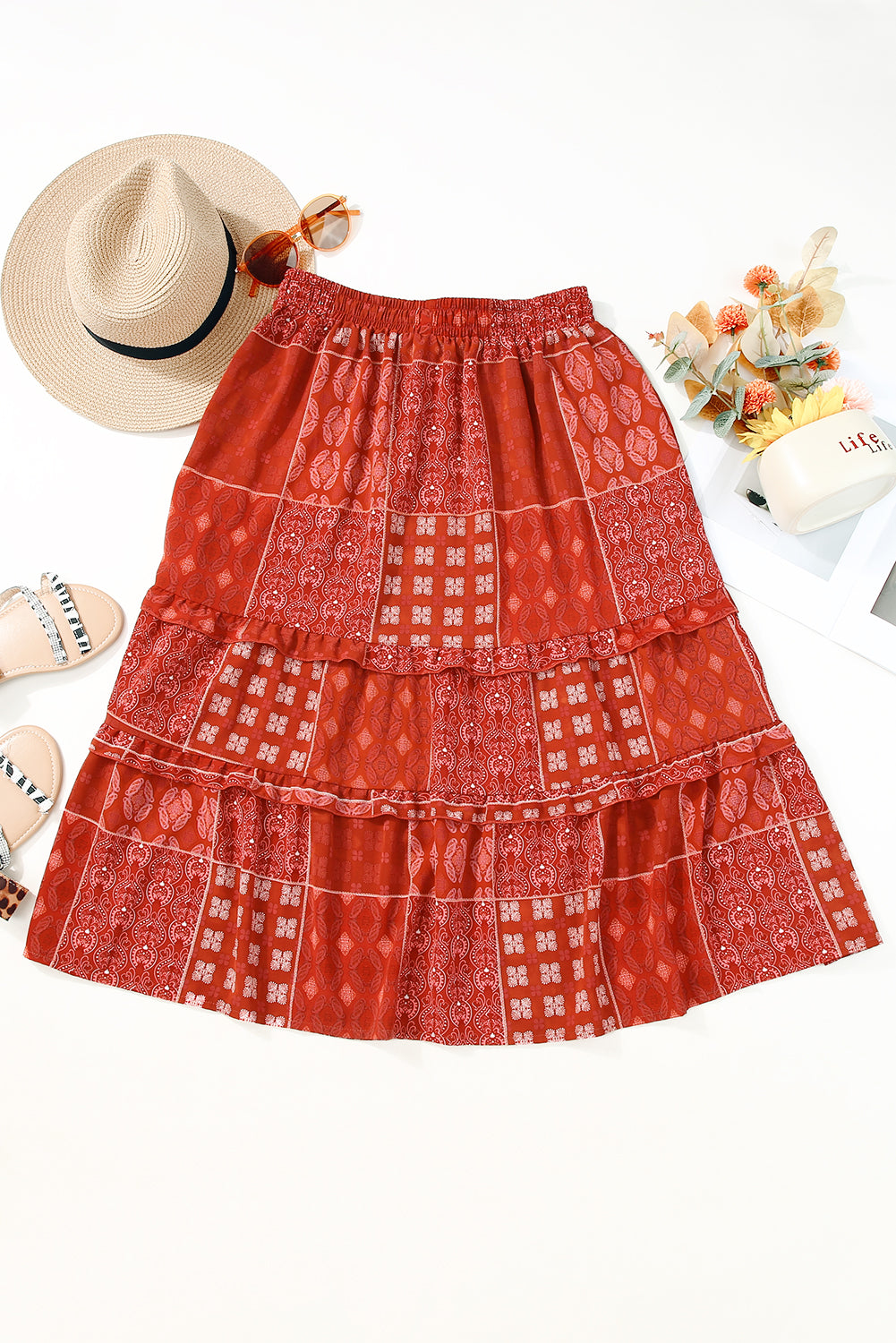Vurige rode Boheemse mix print lange uitlopende rok