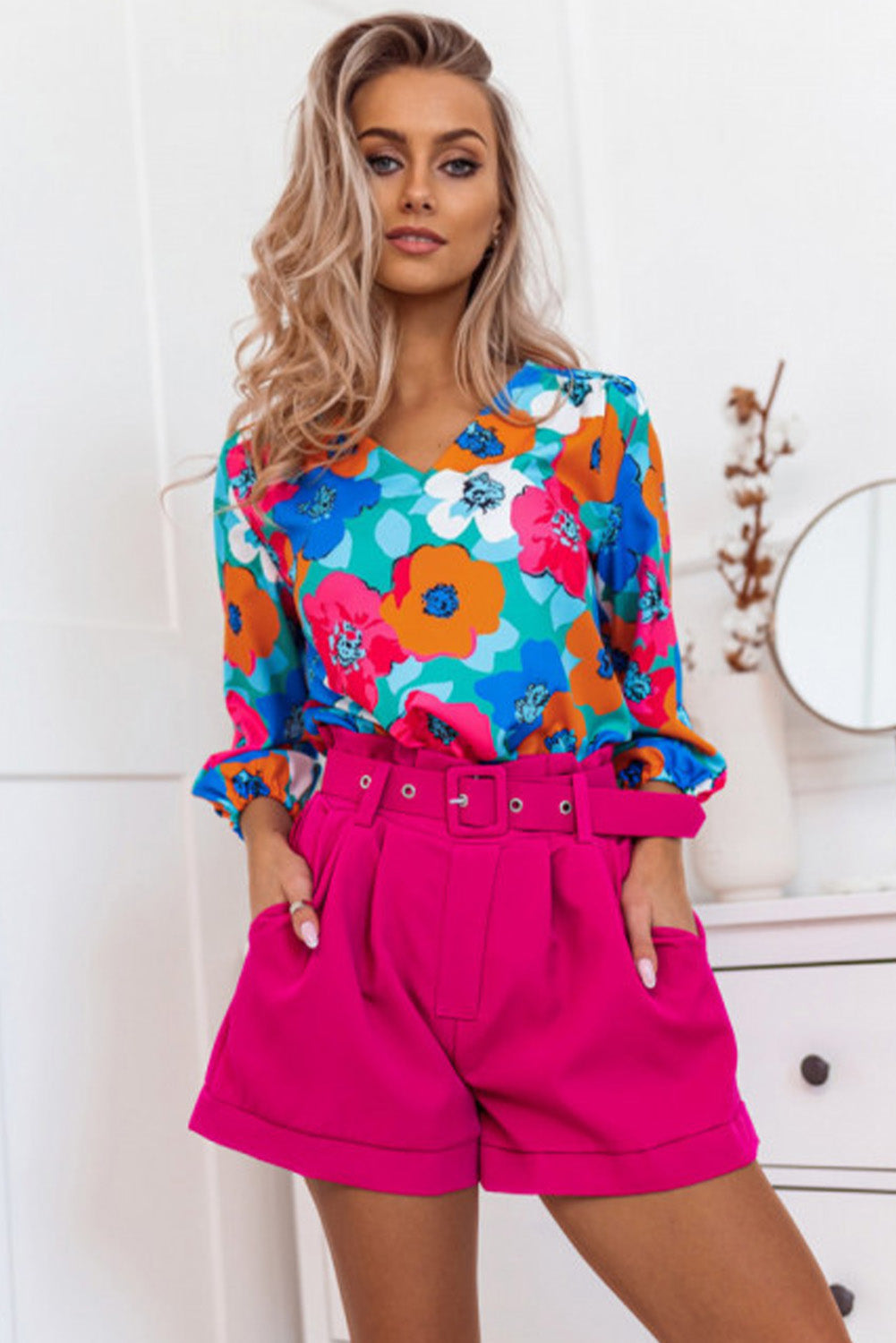 Blouse met veelkleurige bloemenprint, V-hals en 3/4 mouwen