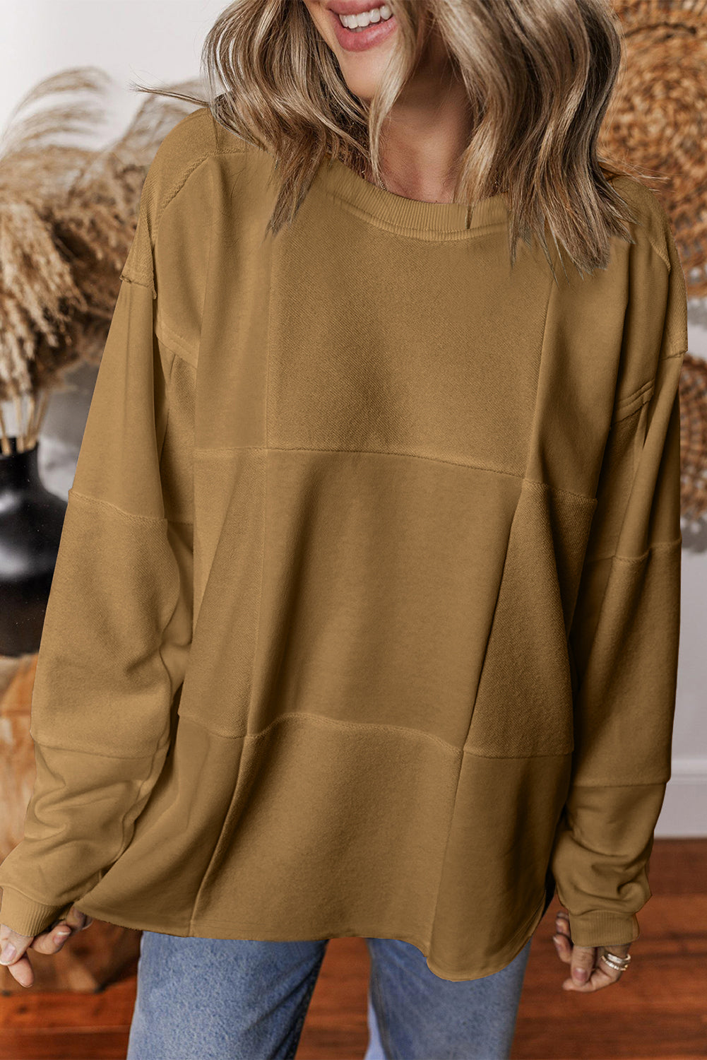 Licht Frans beige effen kleur patchwork drop schouder baggy sweatshirt
