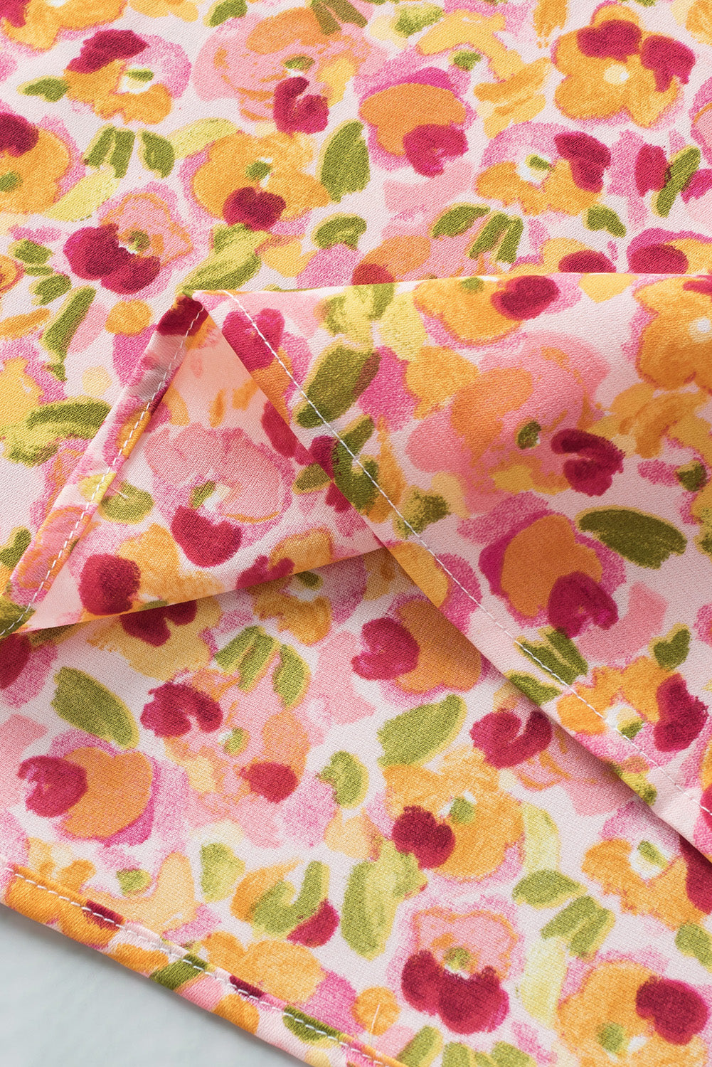 Oranje Boho bloemen ruches korte mouw franje mock hals blouse