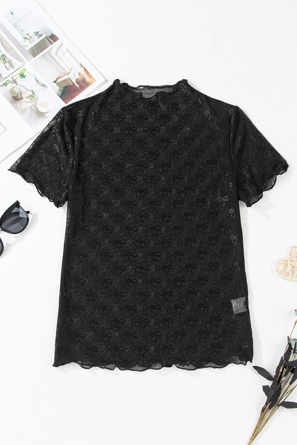 Black Bowknot Sheer Mesh Mock Neck Settuce Trim Short Sleeve Top