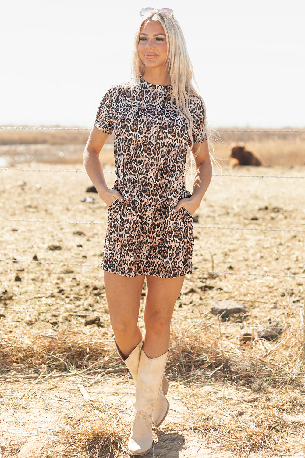 Bruine luipaard Print Crew Neck Shift Short T -shirtjurk