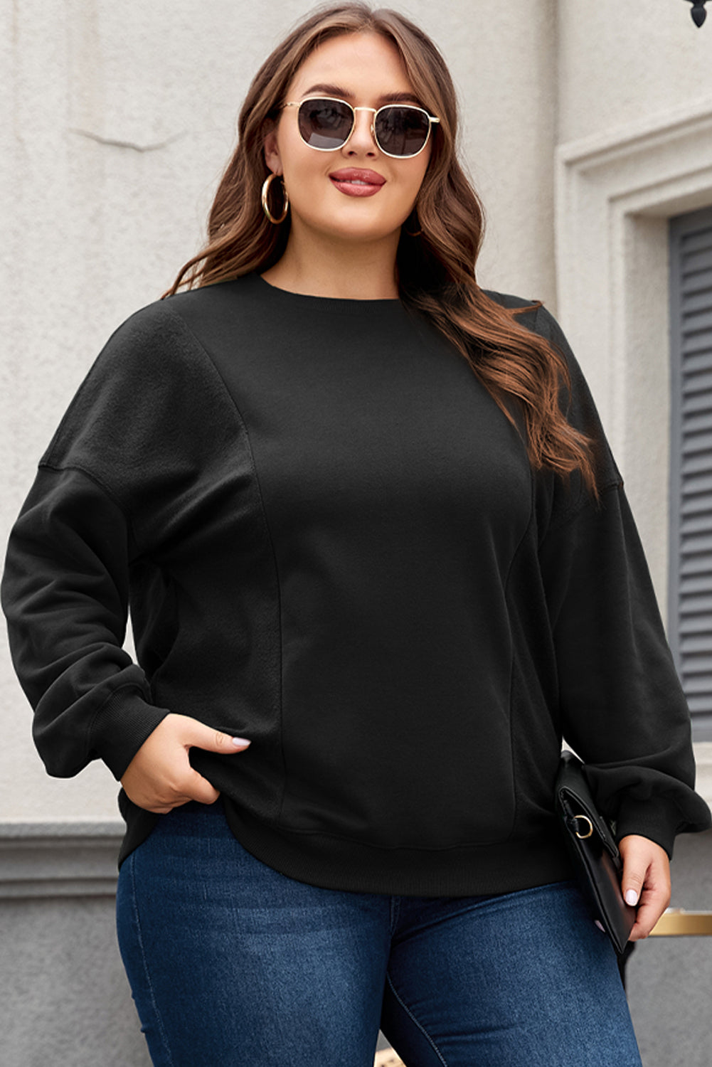 Zwart los patchwork Crewneck Plus size sweatshirt