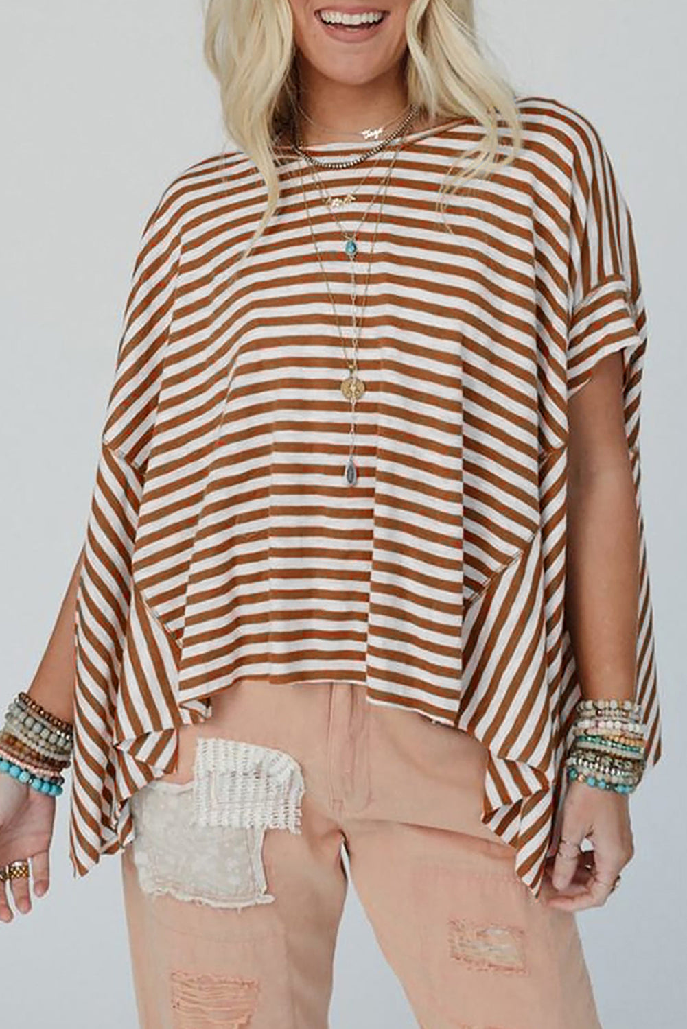 Kaki streep batwing mouw crewneck oversized top