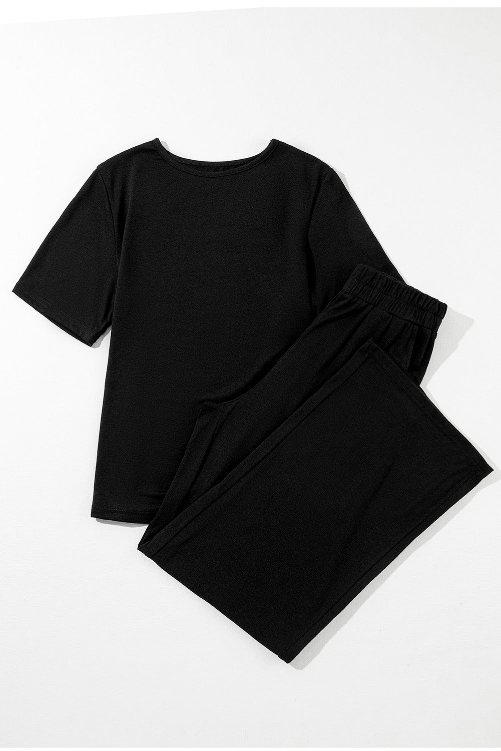 Zwart effen kleur T-shirt 2-delige broek met wijde pijpen