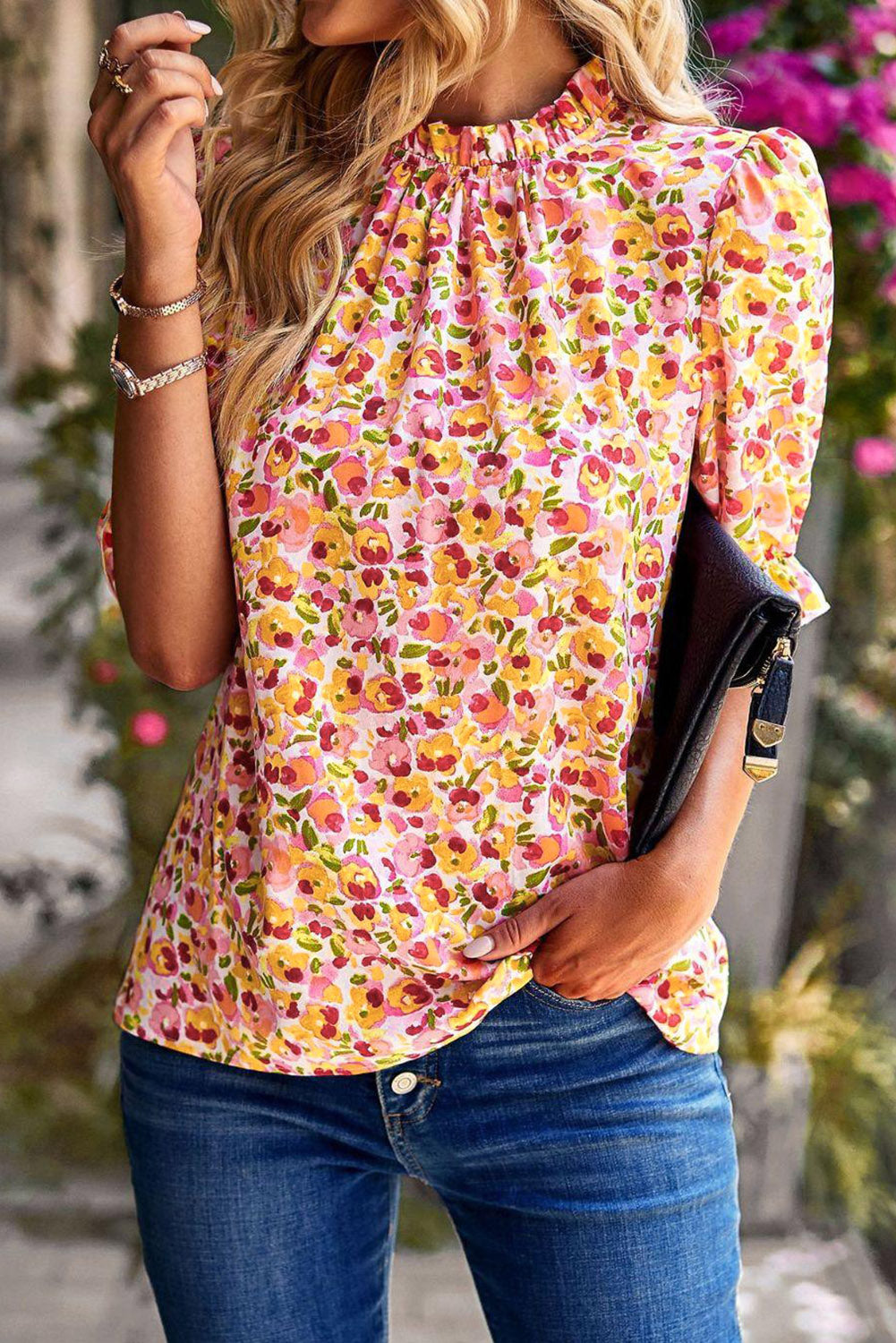 Oranje Boho bloemen ruches korte mouw franje mock hals blouse