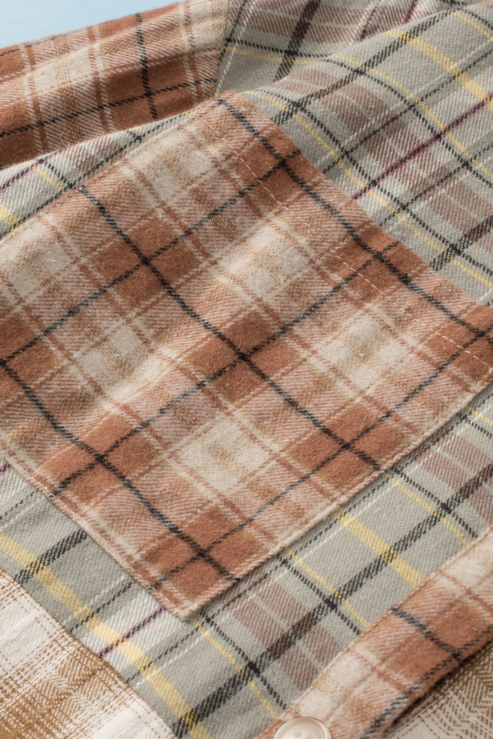 Bruin multi-geruit casual overhemd met ruwe rand en patchwork