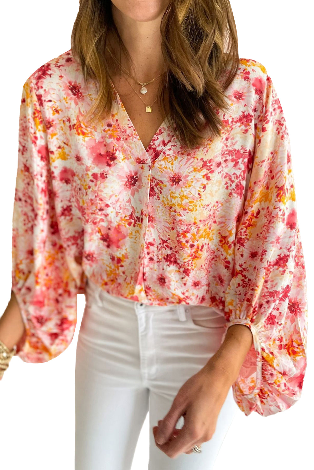 Roze, met bloemen bedrukte blouse met V-hals en bubbelmouwen
