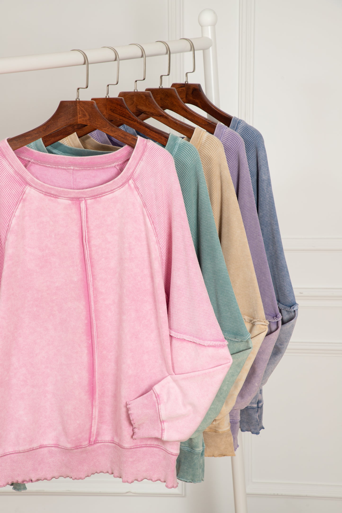 Zeil blauw massief wafel gebreide patchwork raglan mouw sweatshirt