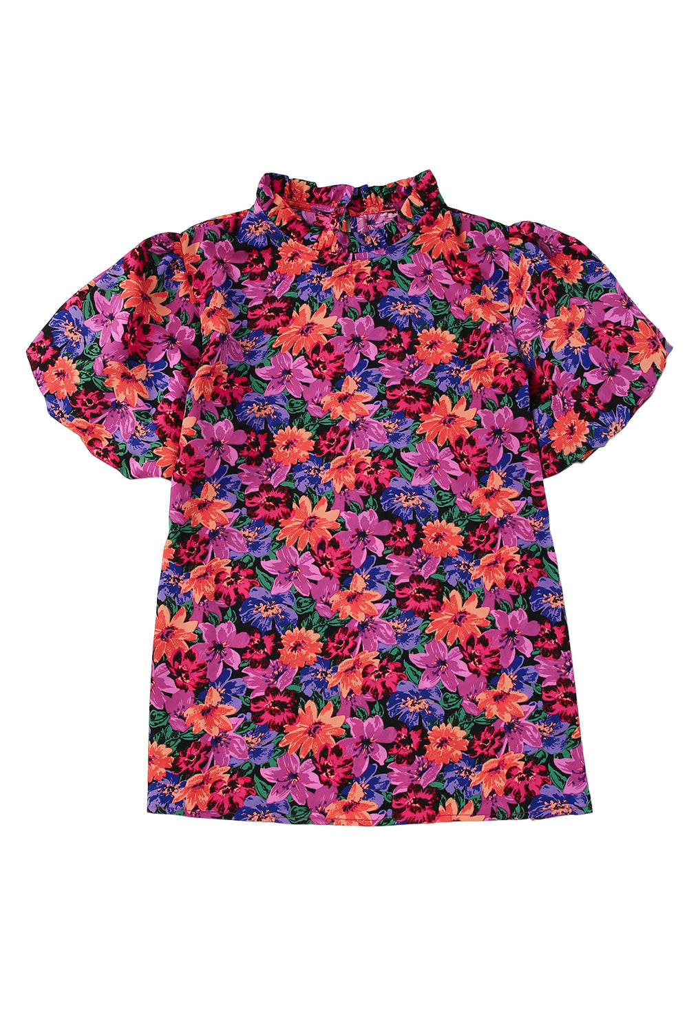 Blouse met veelkleurige bloemenprint en ronde hals en pofmouwen