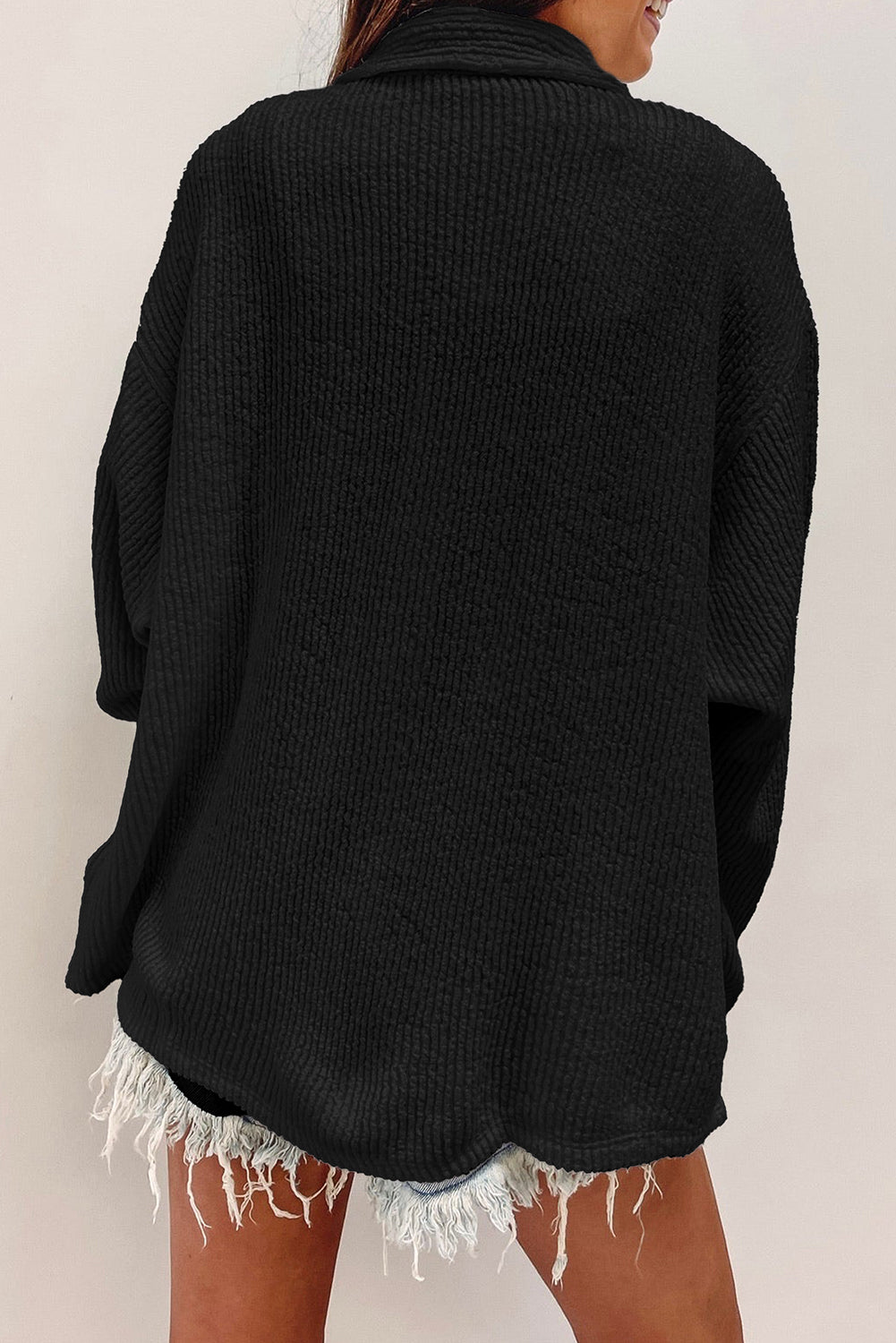 Zwart vaste kleur corduroy knoopte kuipet met lange mouwen