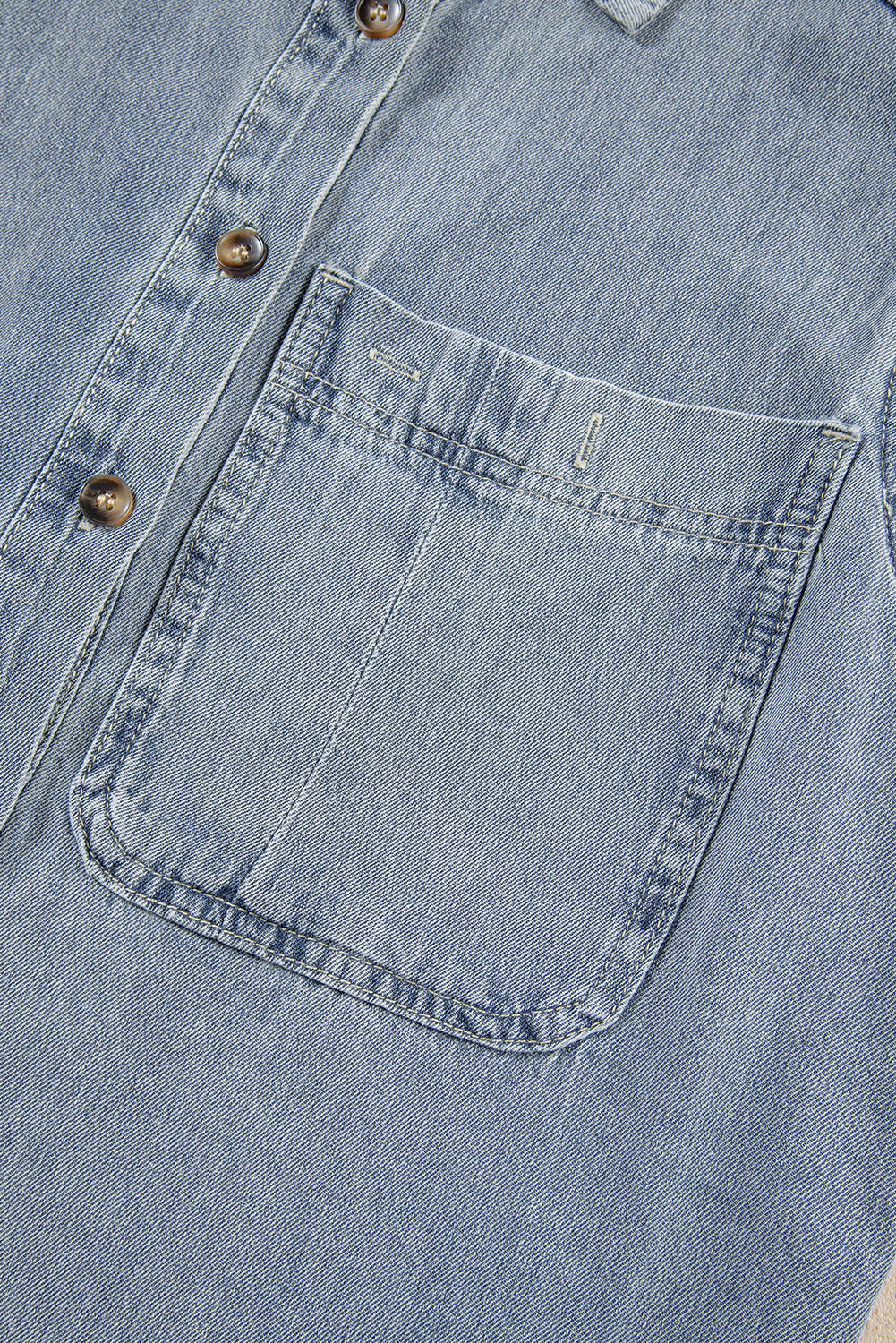 Beau blauw denim overhemd met gerafelde mouwen en ruches