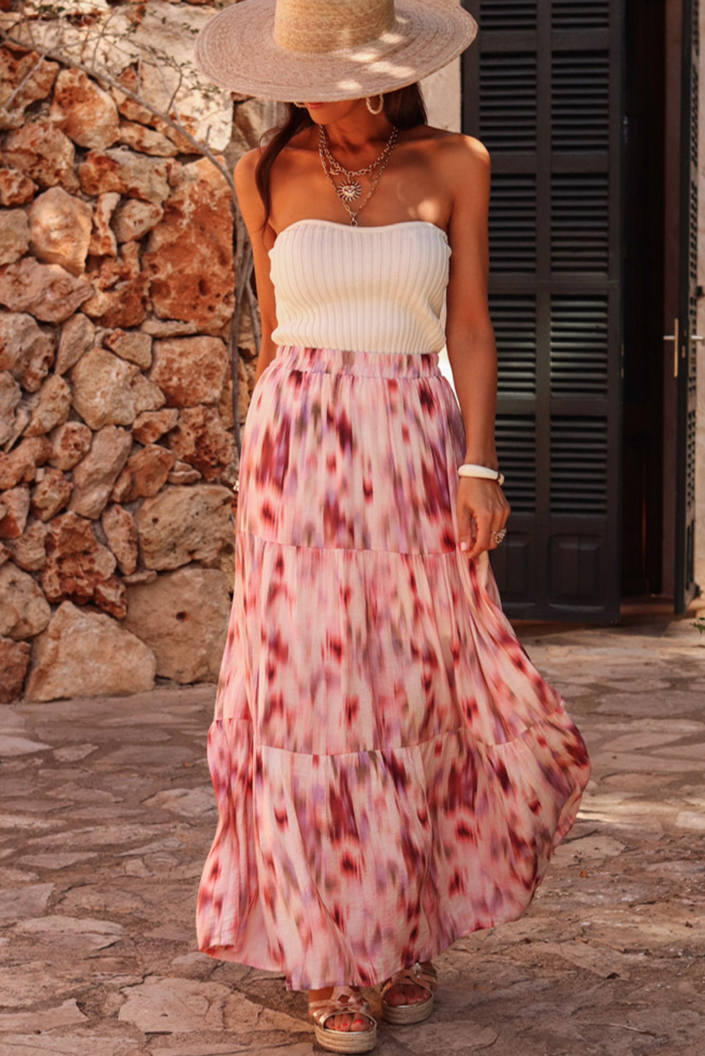 Roze abstracte aquarel tie kleurstof gelaagde maxi rok
