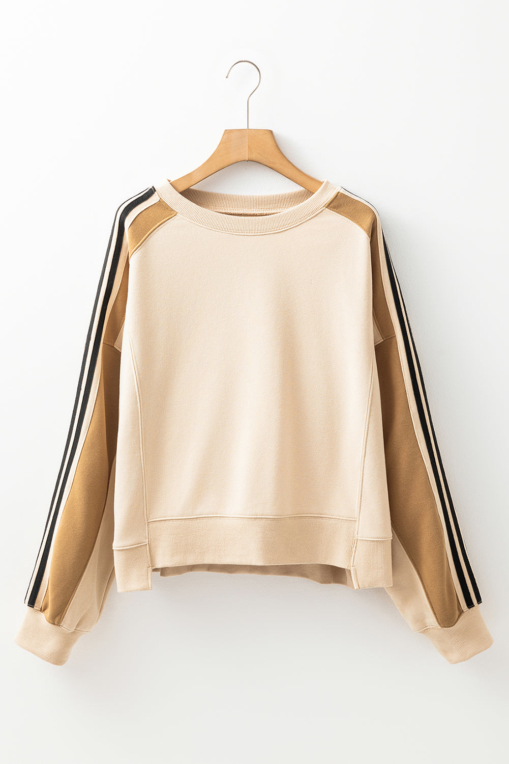 Beige contrast gestreepte patchwork druppel schouder los sweatshirt