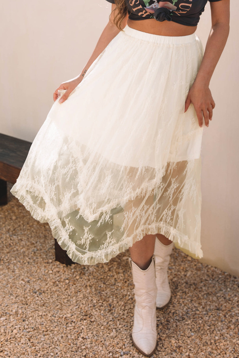 Beige Lace Cascading Tiered High Taille Maxi Rok