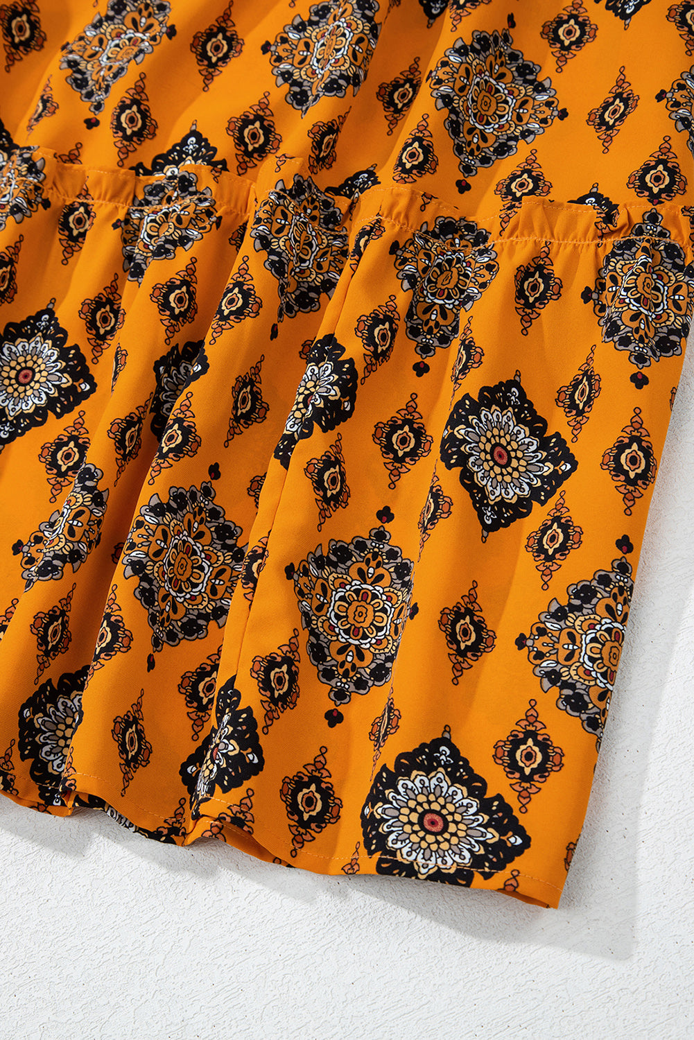 Oranje westerse geometrische print gelaagde frisdress los fit midi -jurk