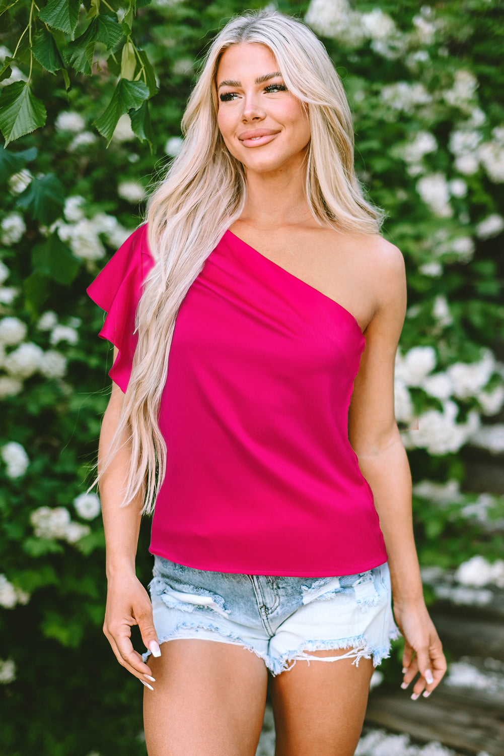 Aardbeienroze asymmetrische schouderheuvelkleed Mouw Elegante blouse