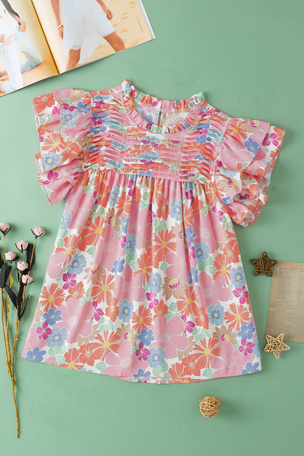 Roze geplooide blouse met ruches en fladdermouwen