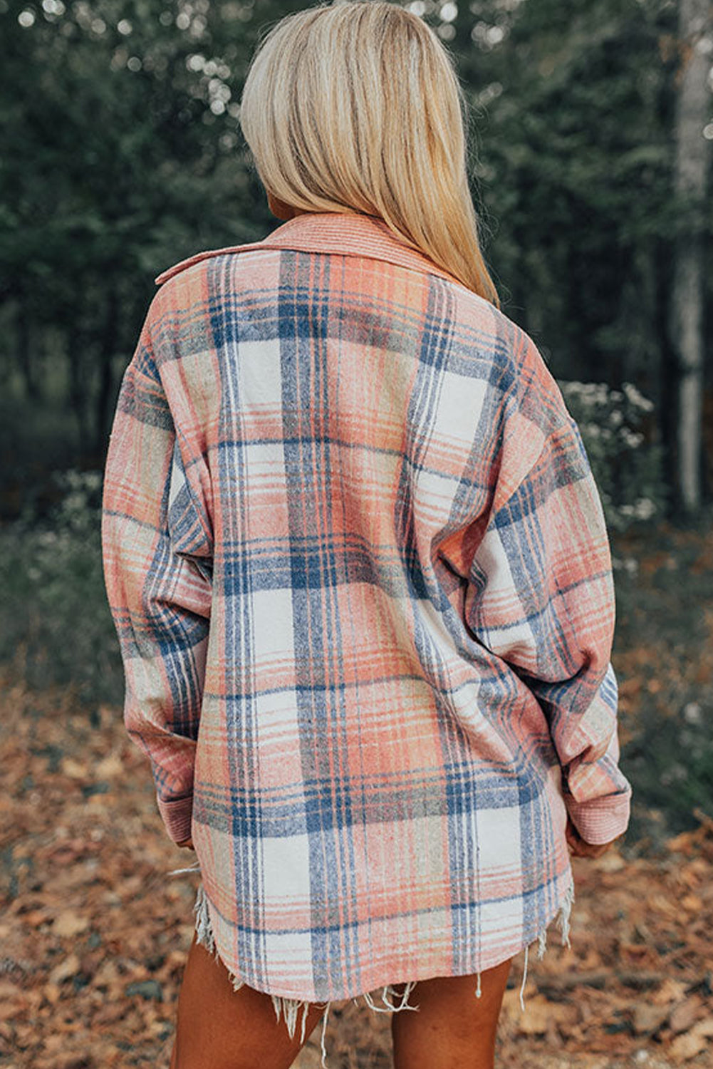 Lichtroze geruite corduroy patchwork borstzak-shacket