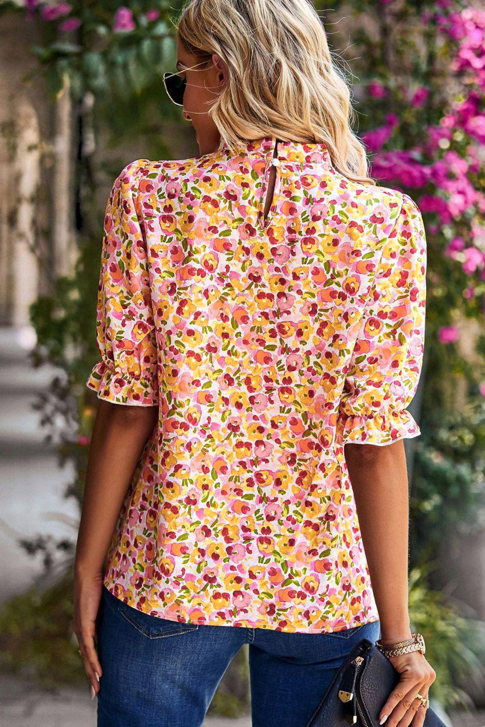 Oranje Boho bloemen ruches korte mouw franje mock hals blouse