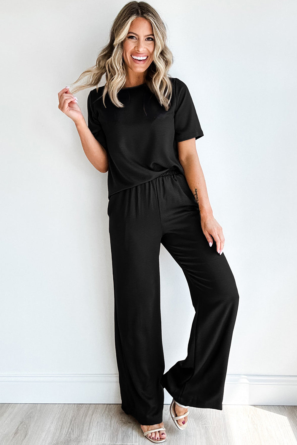 Zwart effen kleur T-shirt 2-delige broek met wijde pijpen