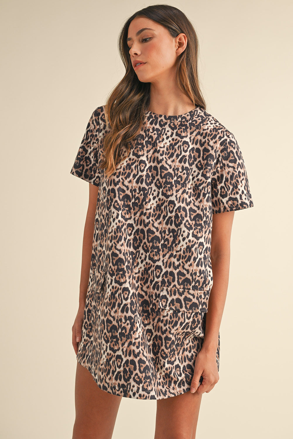 Bruine luipaard Print Crew Neck Shift Short T -shirtjurk