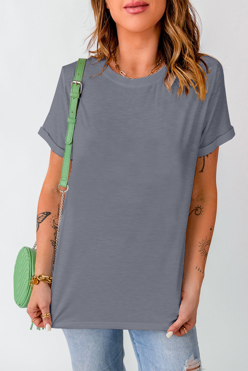 Grijs effen T-shirt met ronde hals