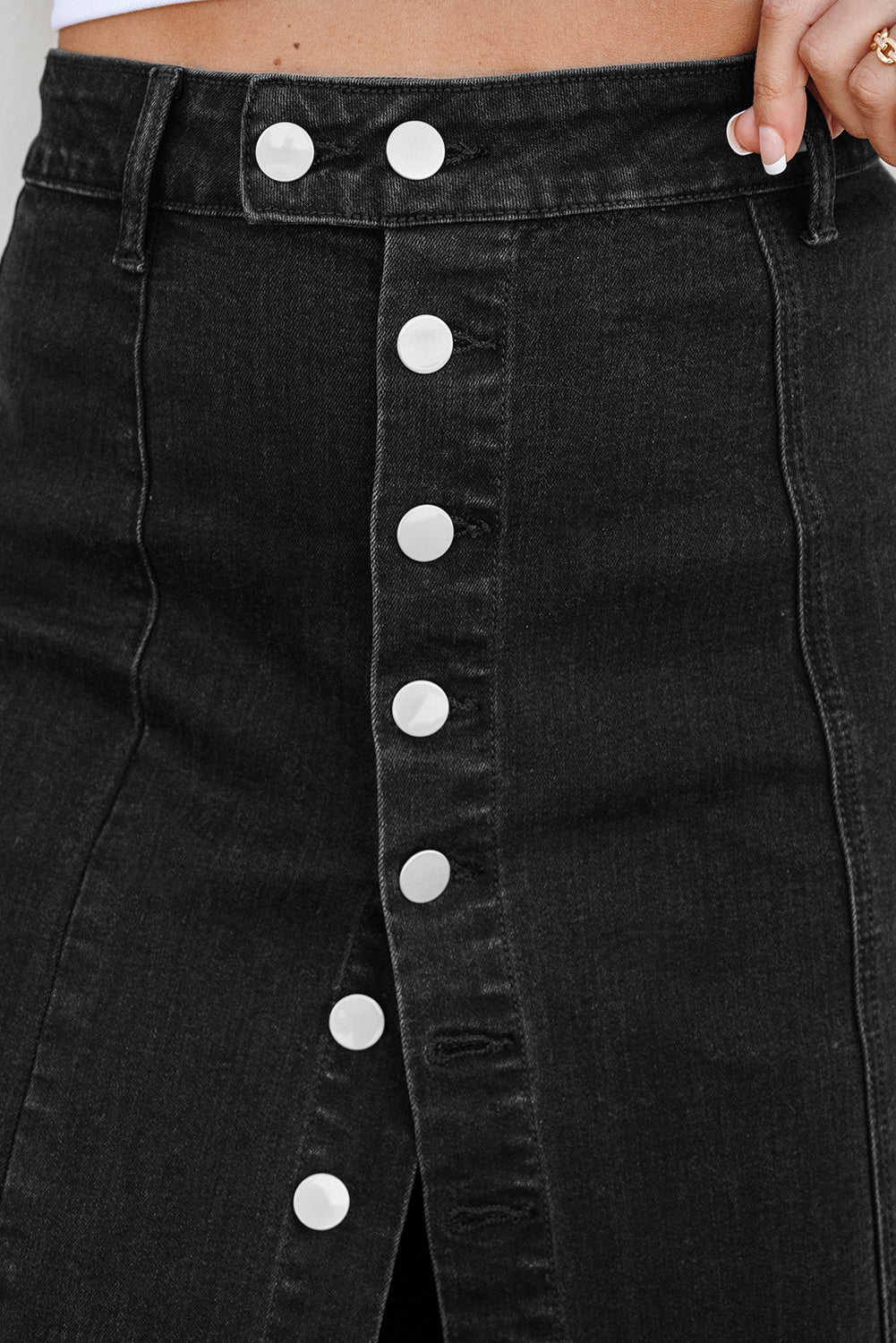 Zwarte knop vliegzijde split split hoge taille denim midi rok