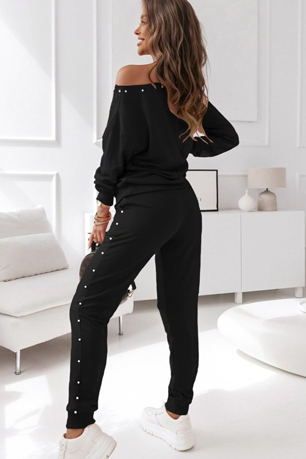 Set met zwarte kralendecor, trui en joggingbroek