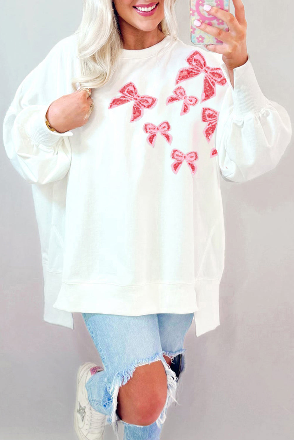 Wit pailletten Bowknot High Low Oversize Sweatshirt
