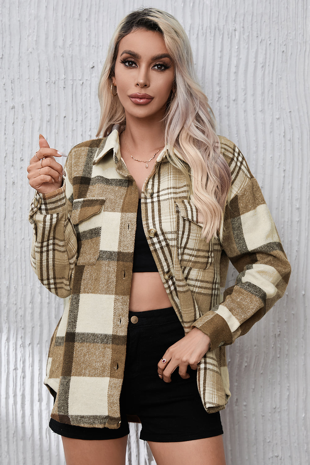 Perkament contrasterende geruite patchwork klepzak-shacket