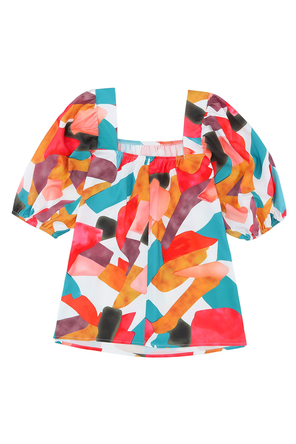 Veelkleurige blouse met vierkante hals en abstracte print en korte mouwen