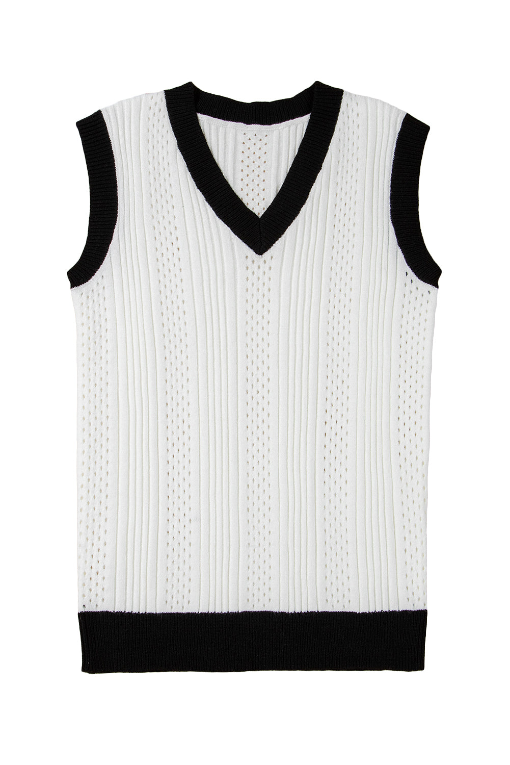 Wit contrast trim eyelet gebreide kleurblok v nek trui vest