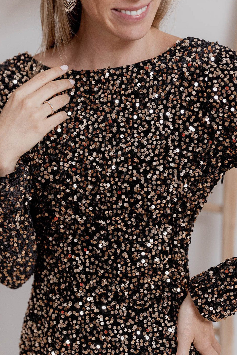 Kastanje pailletten bemanning nek nek bodycon jurk met lange mouwen