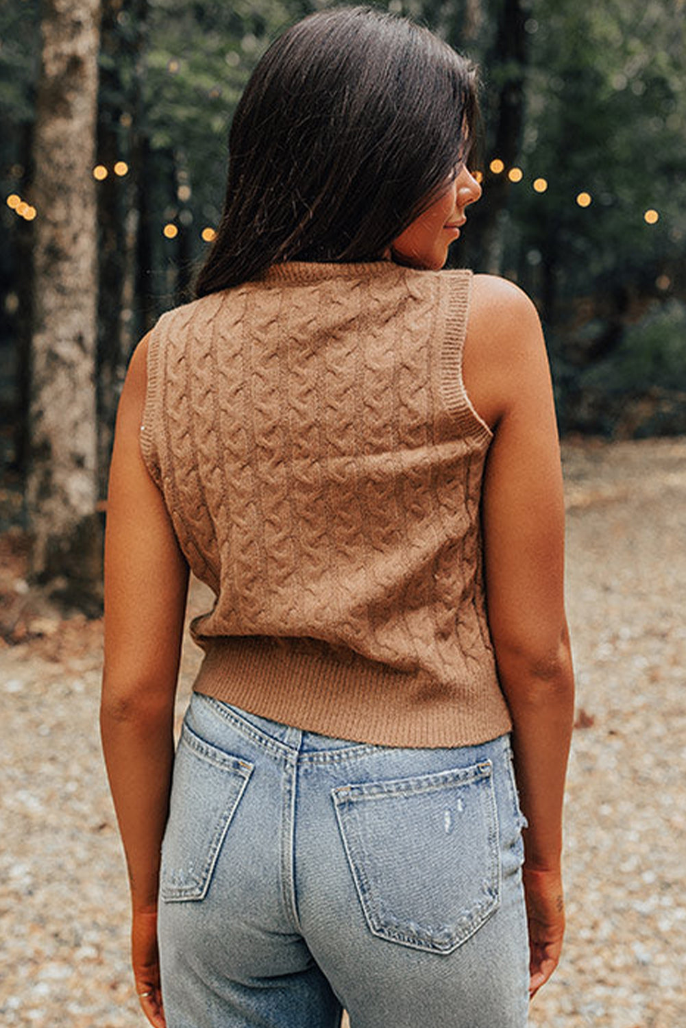 Licht Frans beige effen kabelgebreide tanktop met hoge hals