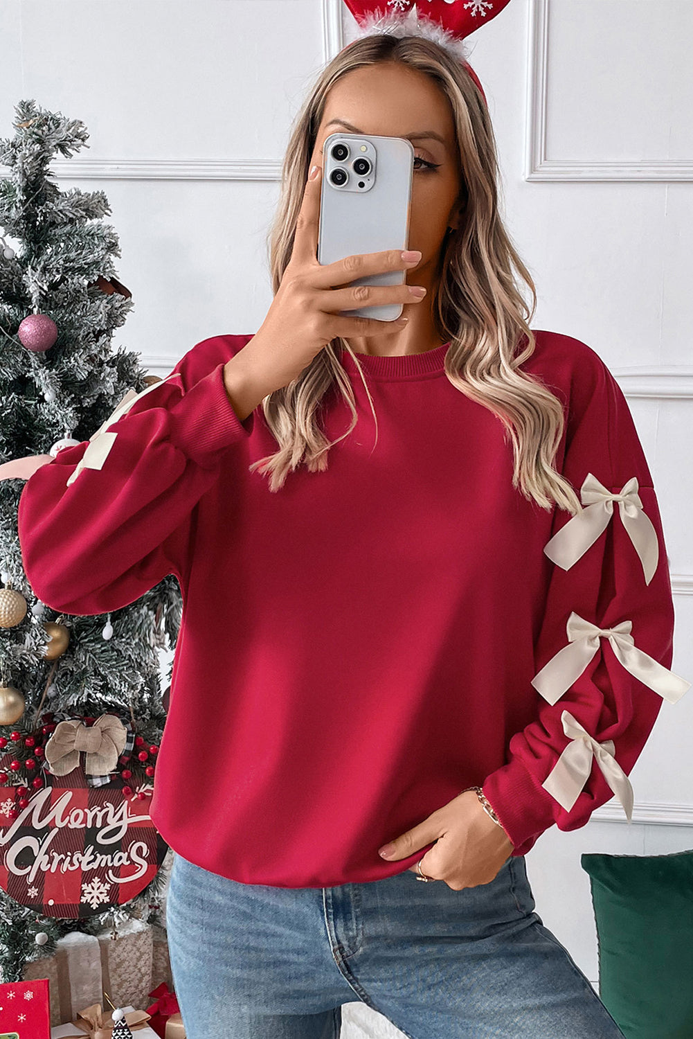 Fiery rood contrast boogdecor laten vallen mouw Crewneck sweatshirt