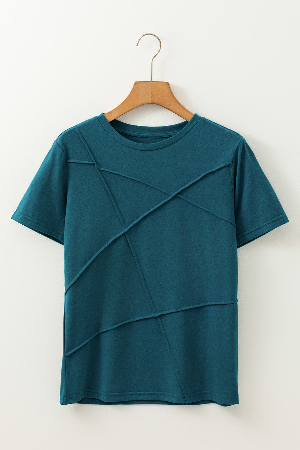 Blauwe saffier massief kleur tandenstoker streep ronde nek t -shirt