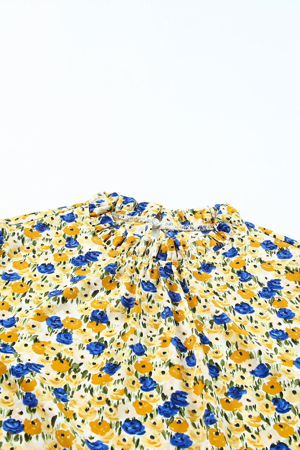 Gele Boho bloemen ruches korte mouw franje mock hals blouse