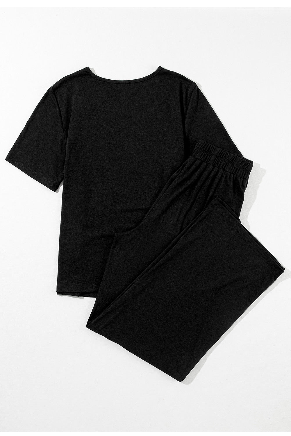 Zwart effen kleur T-shirt 2-delige broek met wijde pijpen