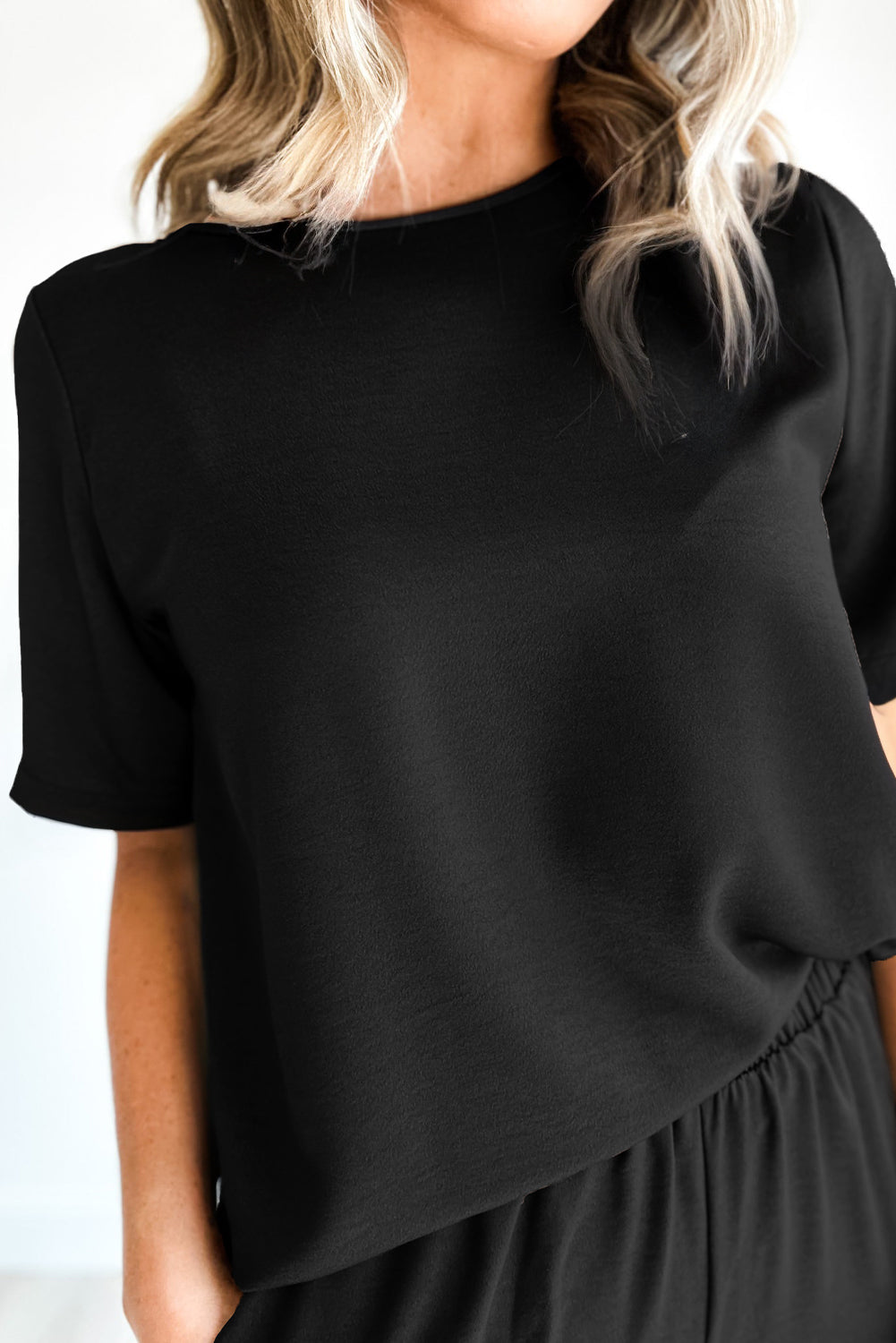 Zwart effen kleur T-shirt 2-delige broek met wijde pijpen