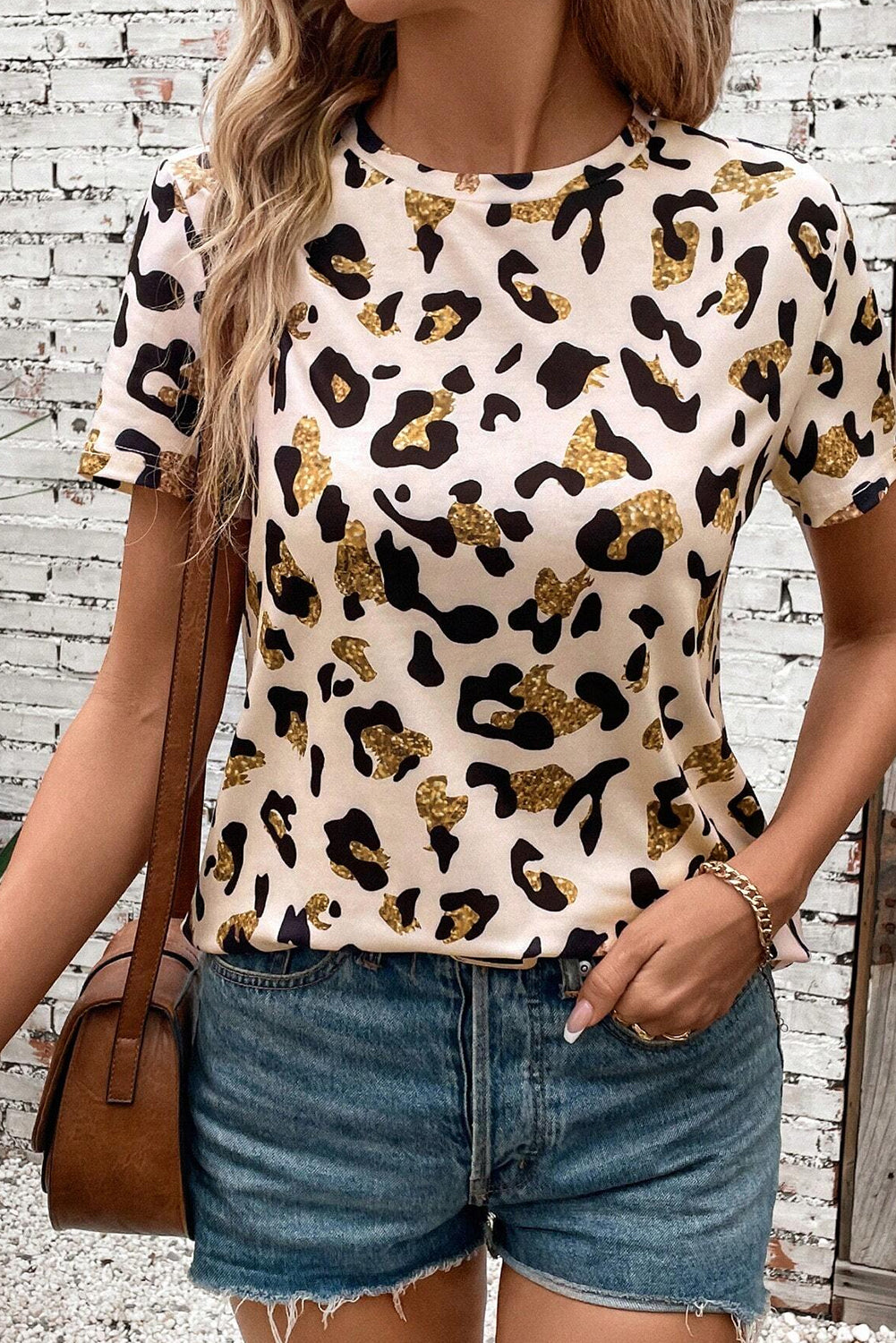 Abrikoos luipaard afdruk ronde nek casual t -shirt
