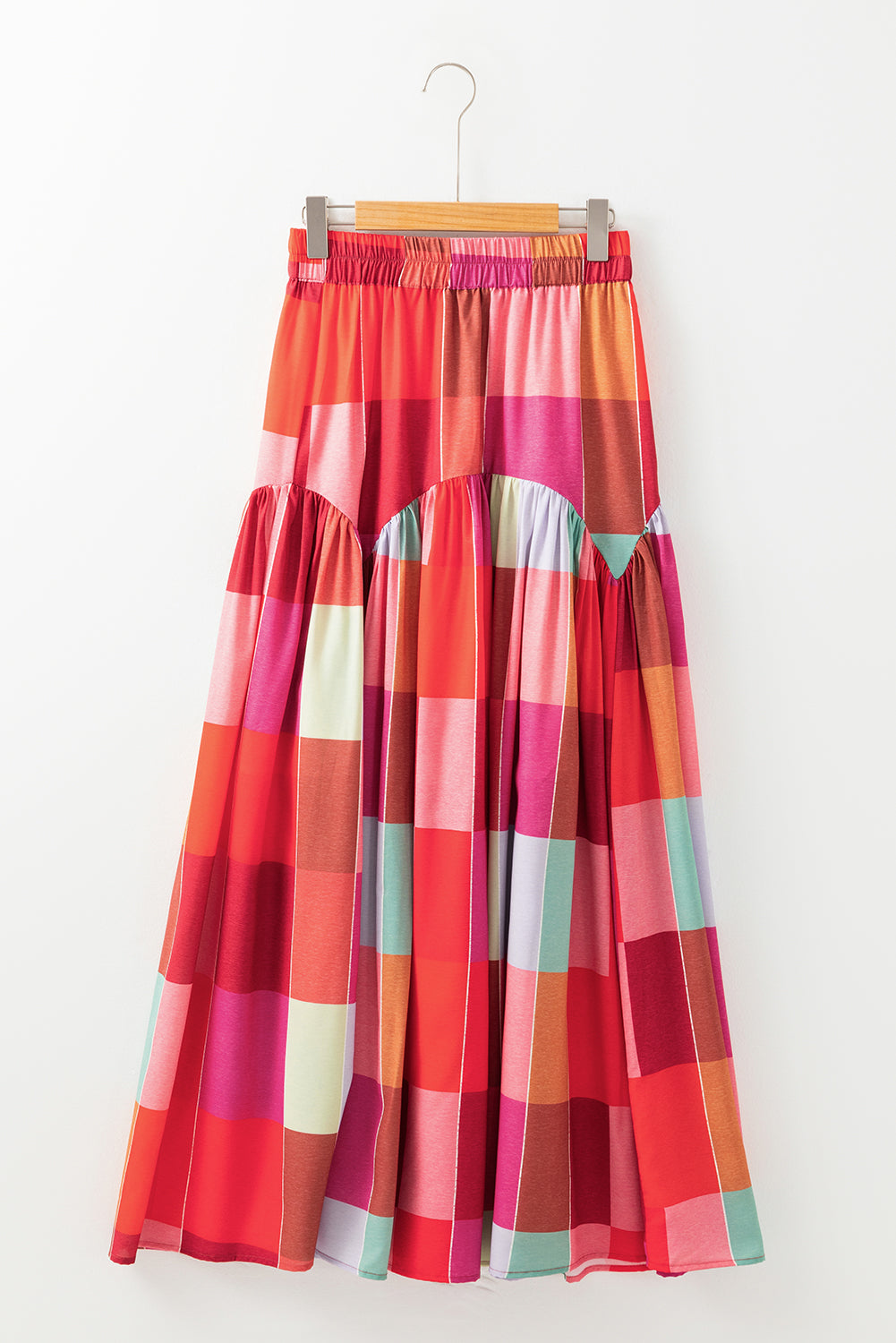 Multicolour plaid print ruches hoge taille casual maxi rok