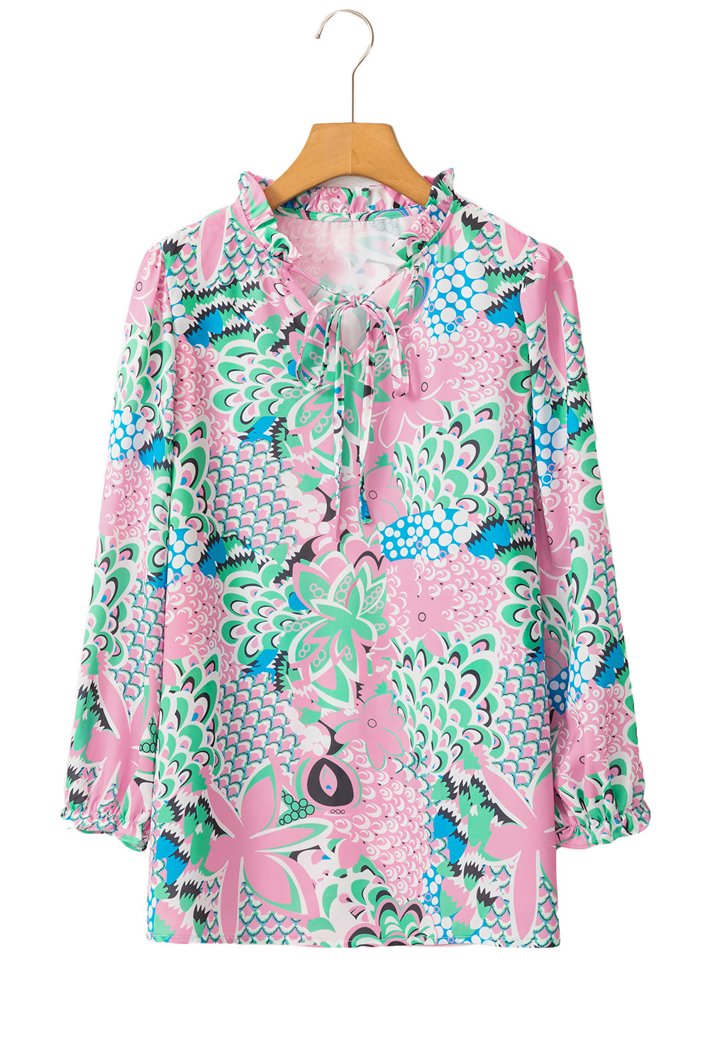 Groene bloemenprint v Nek vastgebonden losse blouse