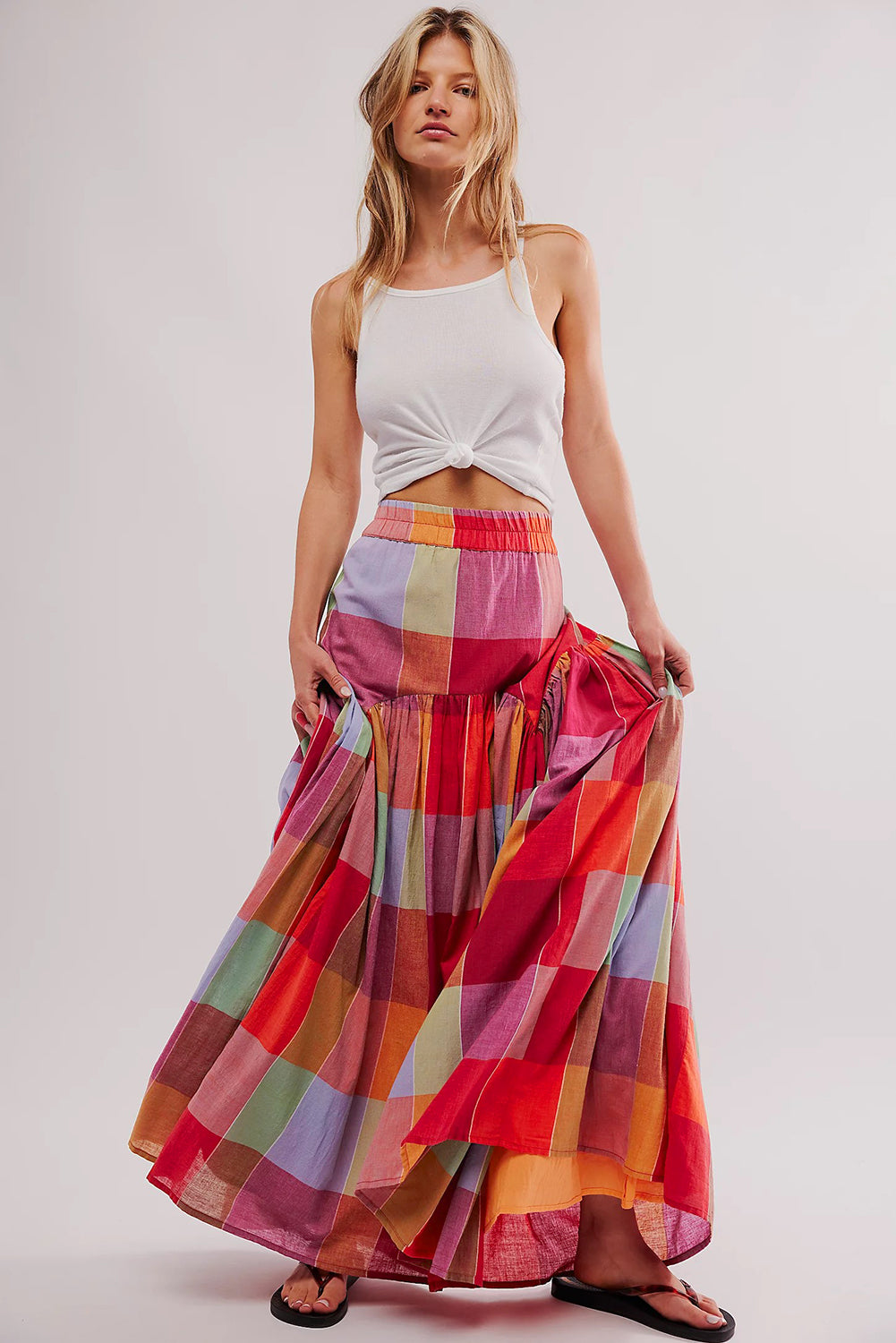 Multicolour plaid print ruches hoge taille casual maxi rok