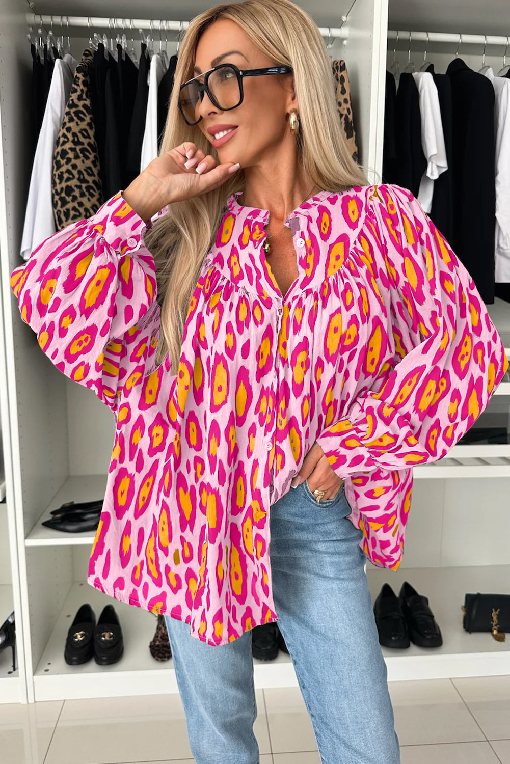 Rose Red Oversized Leopard Print Ballon Sleeve Casual Shirt