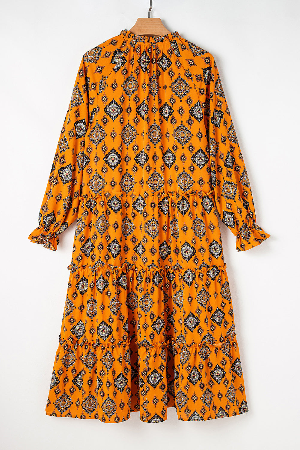 Oranje westerse geometrische print gelaagde frisdress los fit midi -jurk