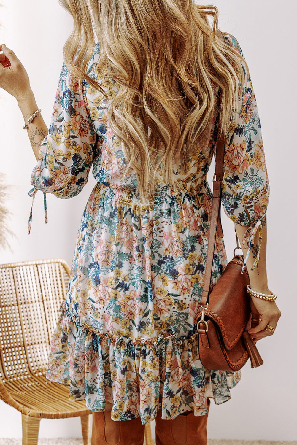 Sky Blue Floral 3/4 Sleeve V Neck High Taille Ruffled Dress
