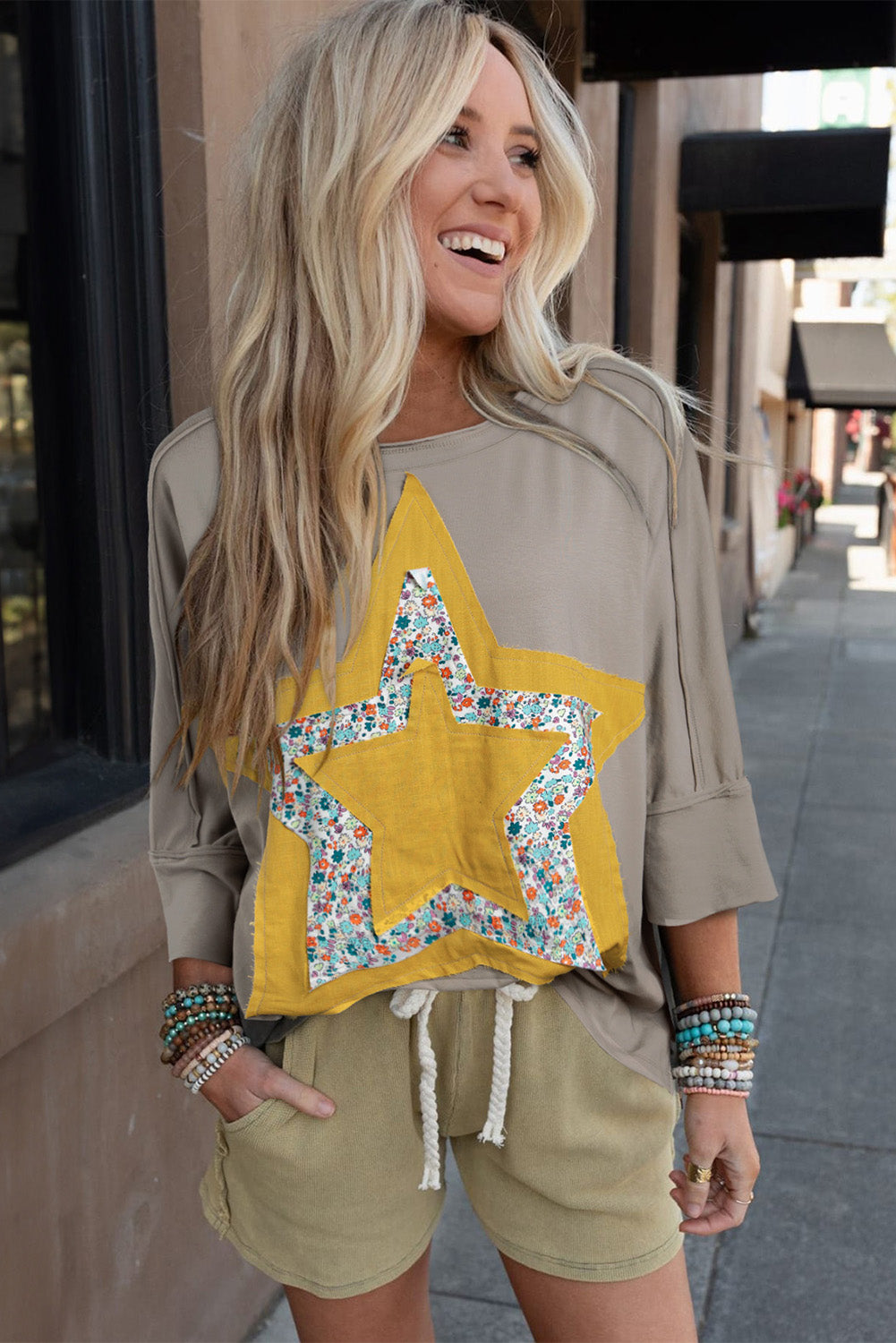 Rose Tan Floral Starbust Exposed Seam Mineral Wash Top