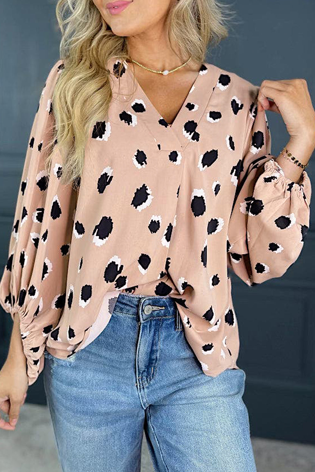 Kaki klassieke luipaard v nek armband mouw blouse